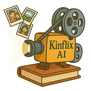 The Kinflix AI logo: a movie projector on a book, projecting family photos